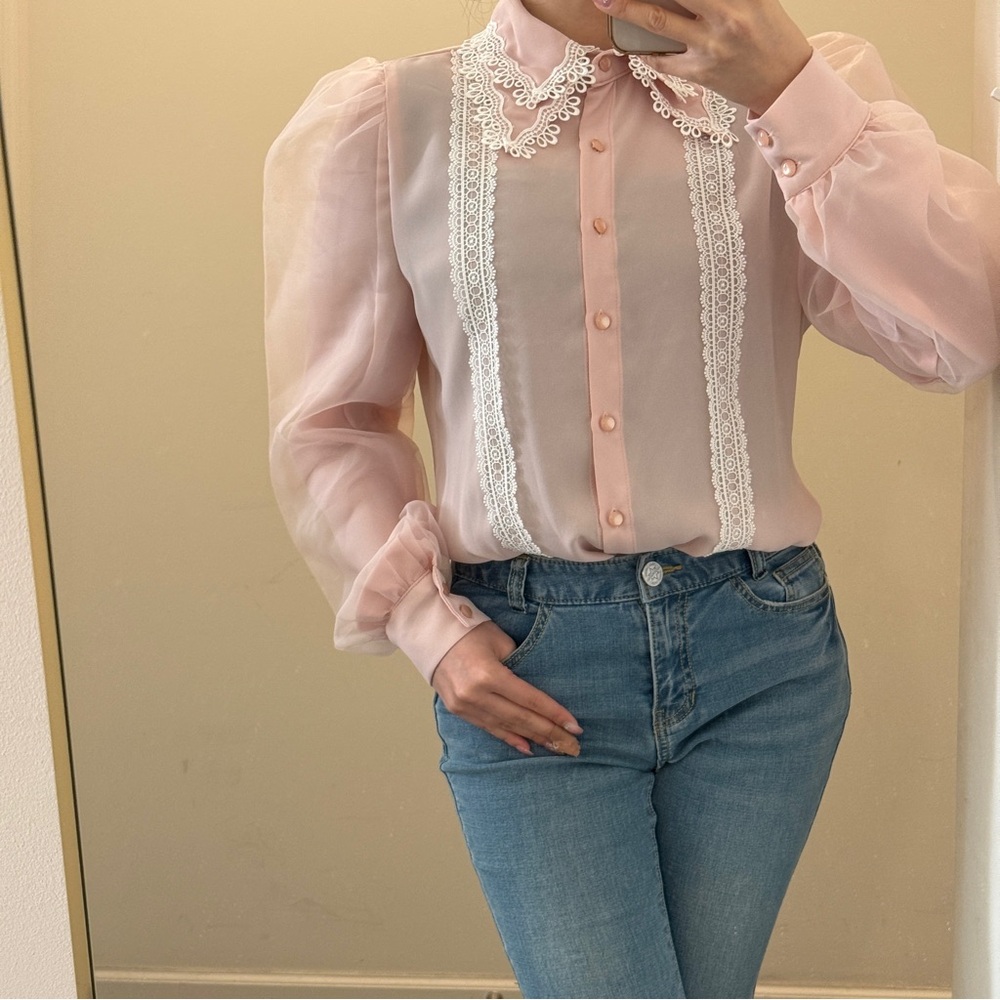 Light Pink Lace Collar Blouse with Organza Sleeves (Like New)